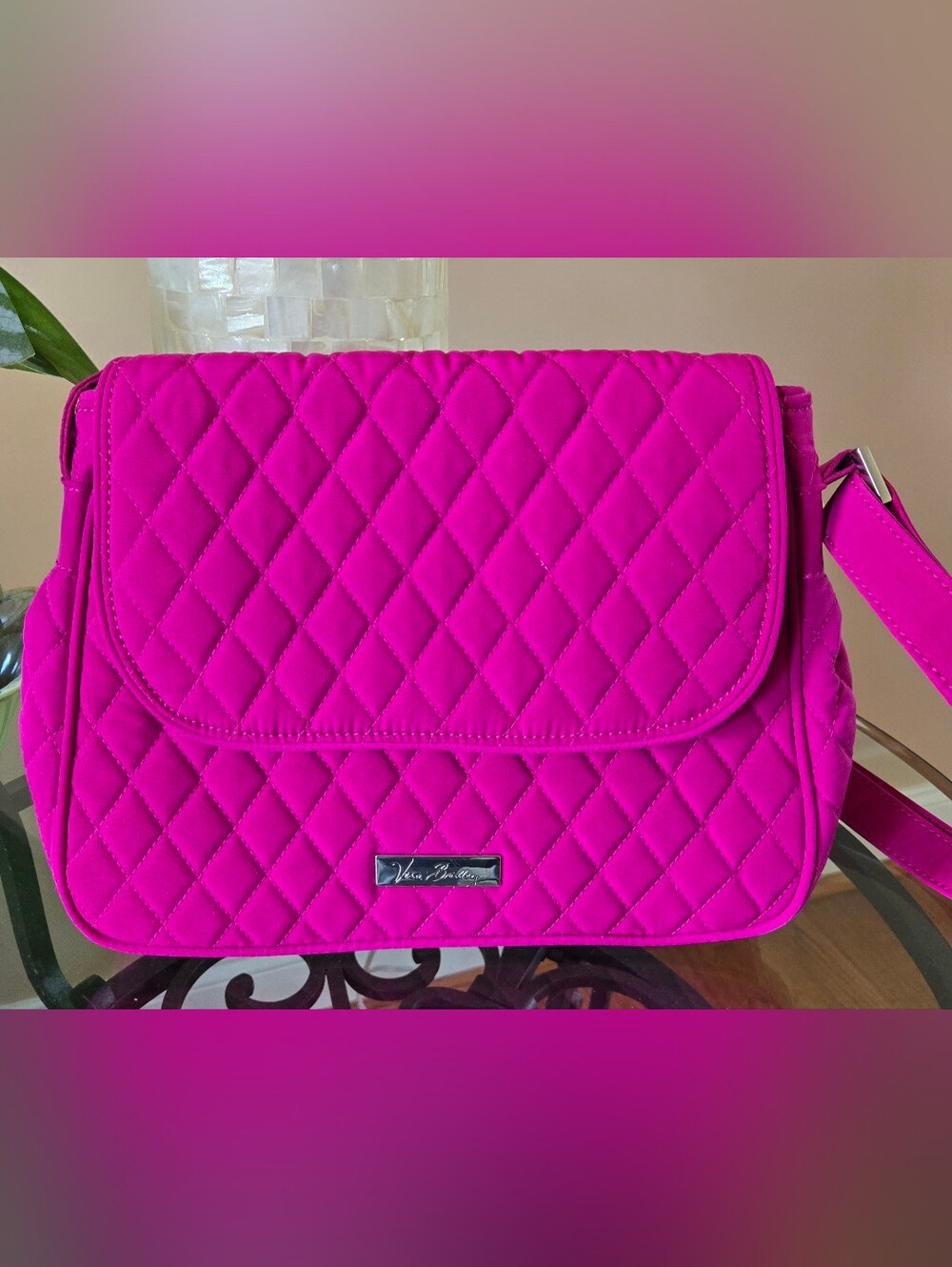 Vera Bradley Fuchsia Hot Pink Quilted Microfiber Crossbody Flap Shoulder Bag New